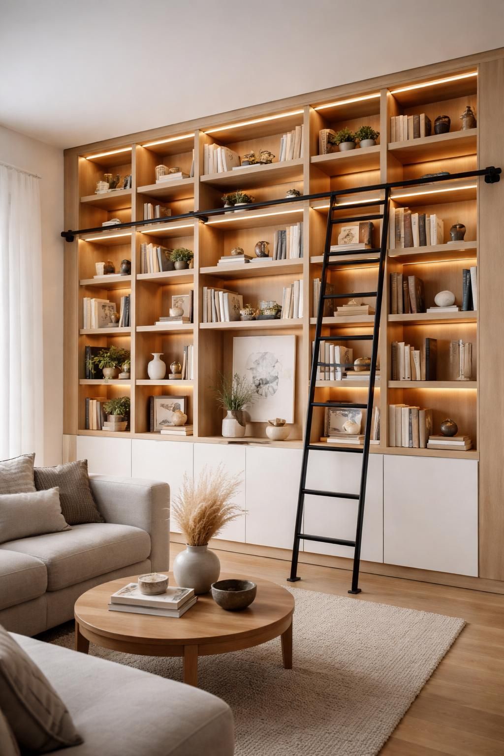 découvrez notre bibliothèque murale sur-mesure, idéale pour sublimer vos livres avec une échelle coulissante pratique et un éclairage intégré pour une ambiance chaleureuse et élégante.