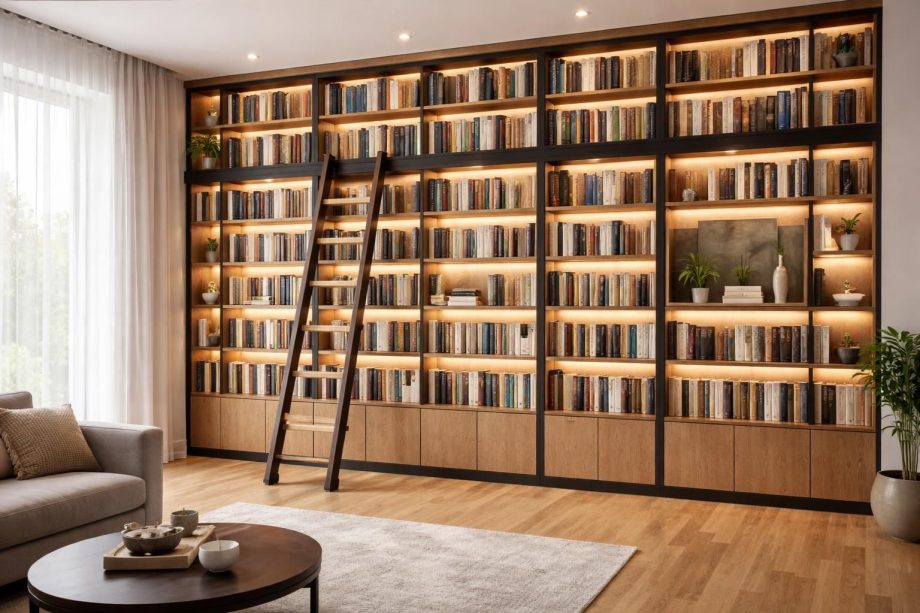 Bibliothèque murale sur-mesure pour sublimer vos livres avec échelle coulissante et éclairage intégré
